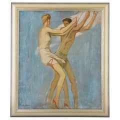 Art Deco Painting of Couple on a Swing Louis Eugene Glasser 1925 France