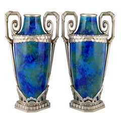 Pair of Art Deco Blue Ceramic and Bronze Vases Paul Milet for Sevres 1920 France