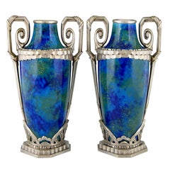 Pair of Art Deco Blue Ceramic and Bronze Vases Paul Milet for Sevres 1920 France