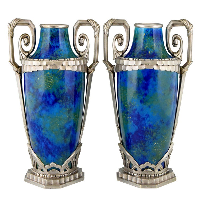 Pair of Art Deco Blue Ceramic and Bronze Vases Paul Milet for Sevres