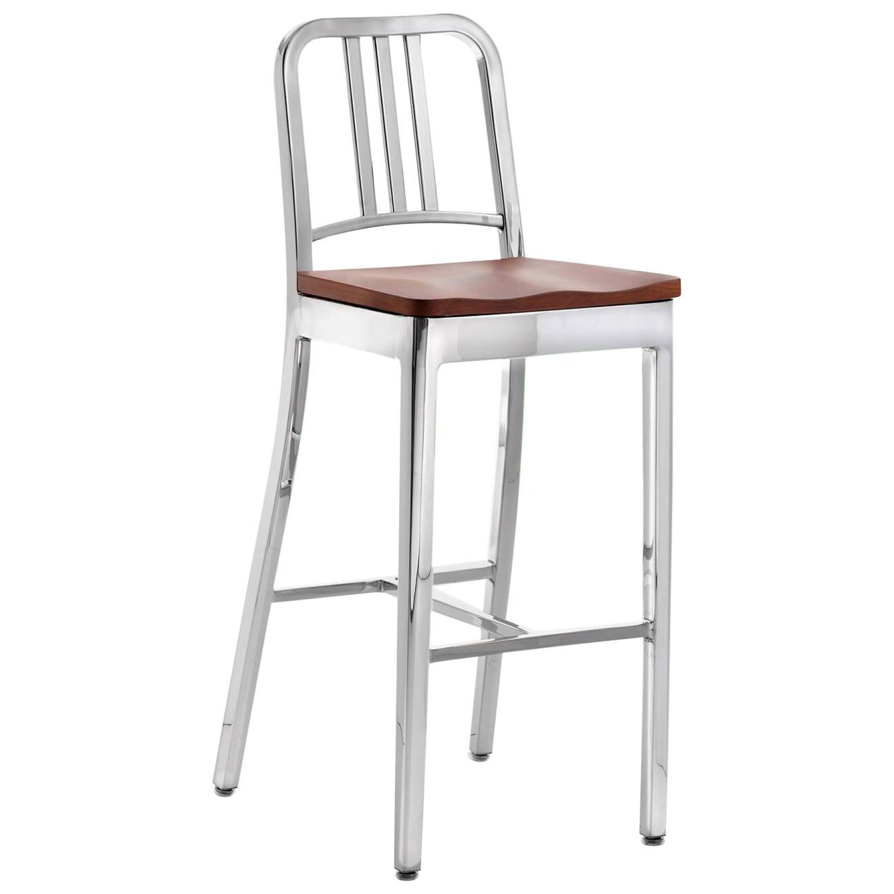 Emeco Navy Barstool in Polished Aluminum and Cherry by US Navy For Sale