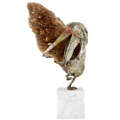 Pelican Sculpture Enamelled Sterling Silver & Mineral Aurelio Teno, Spain, 1960