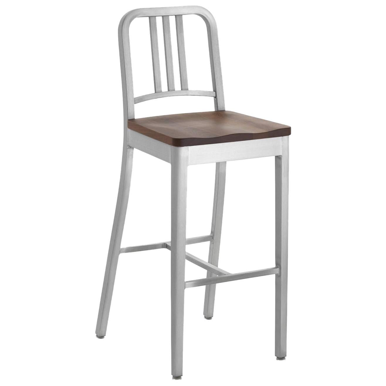 Emeco Navy Barstool in Brushed Aluminum and Walnut by US Navy