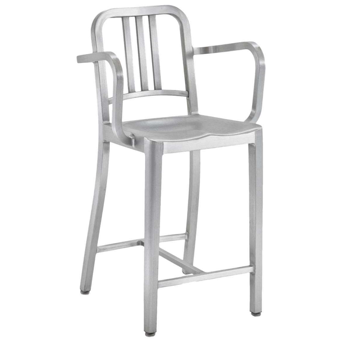 Emeco Navy Counter Stool with Arms in Brushed Aluminum by US Navy