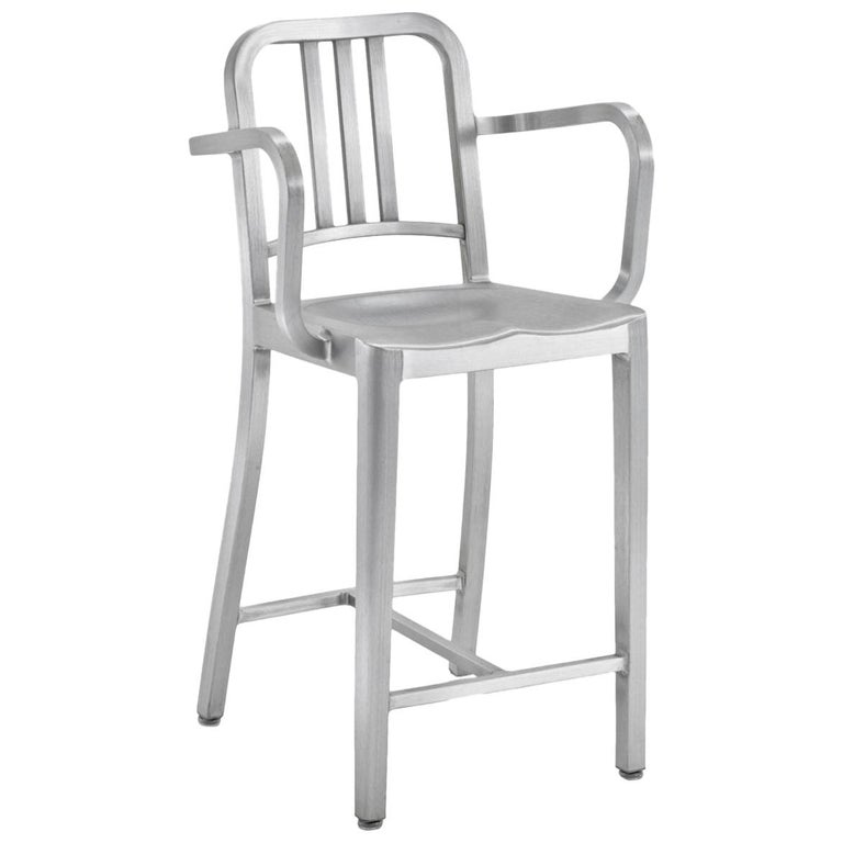 Emeco Navy Counter Stool with Arms in Brushed Aluminum by US Navy For