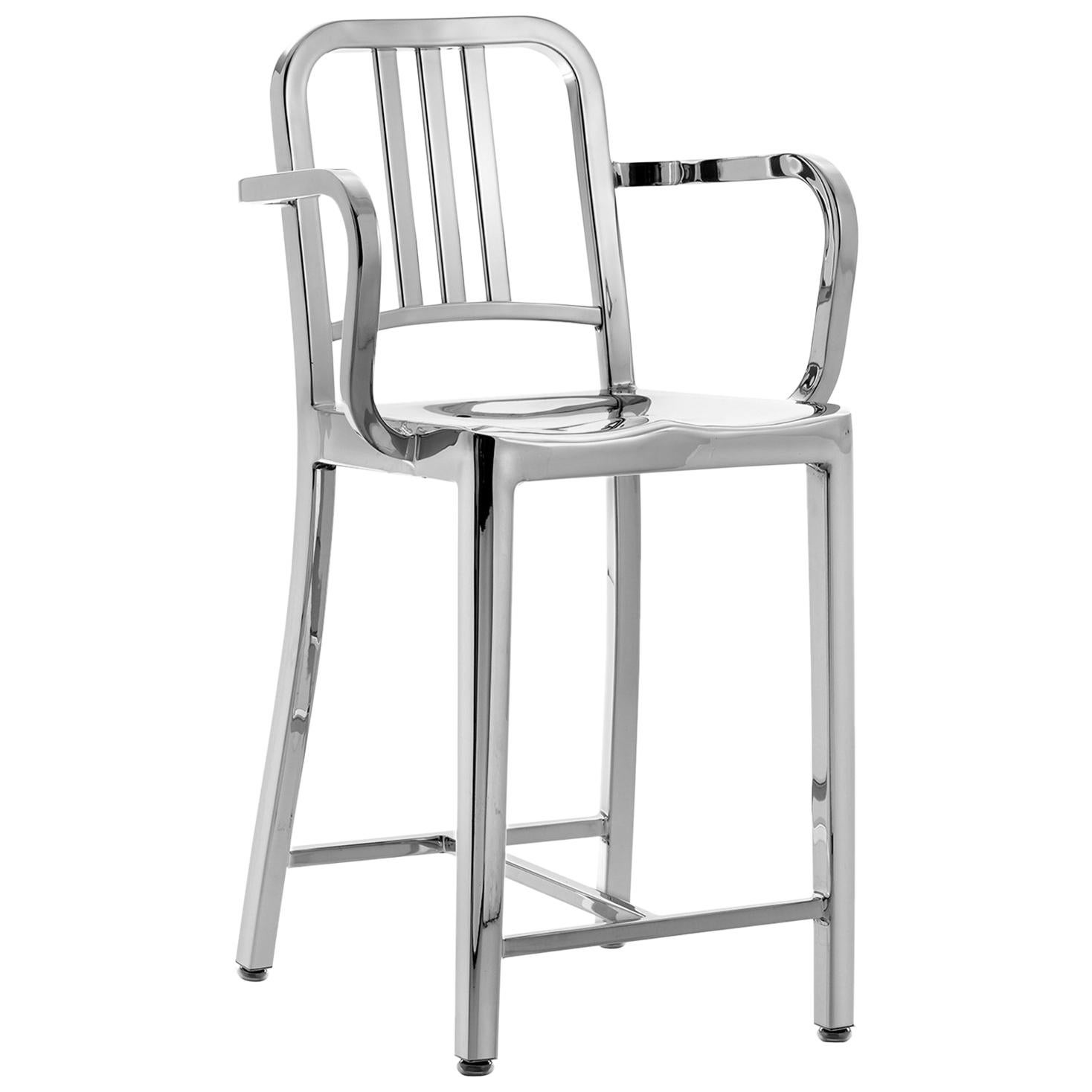 Emeco Navy Counter Stool with Arms in Polished Aluminum by US Navy
