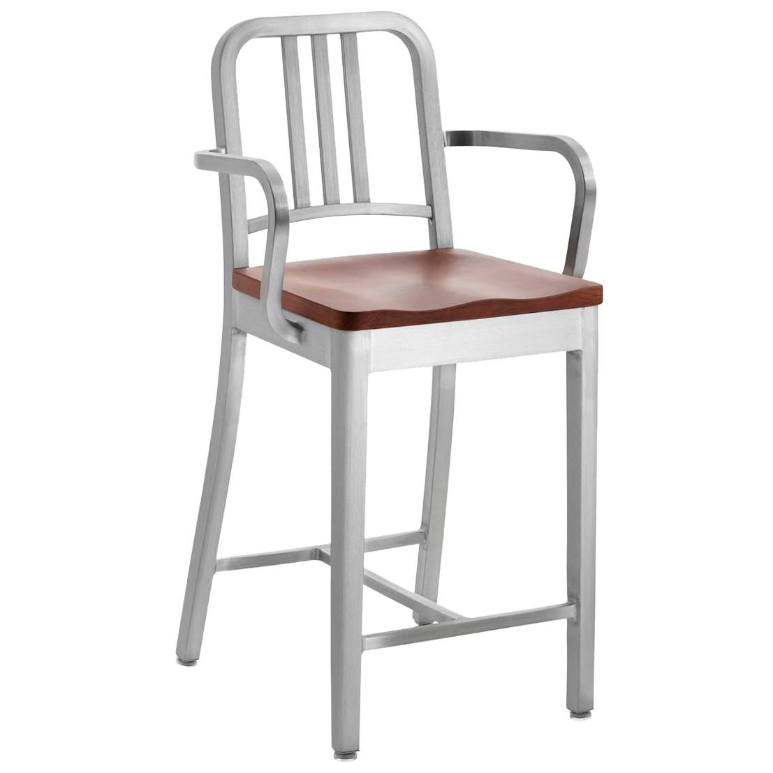 Emeco Navy Counter Stool W/ Arms in Brushed Aluminum & Cherry by US Navy