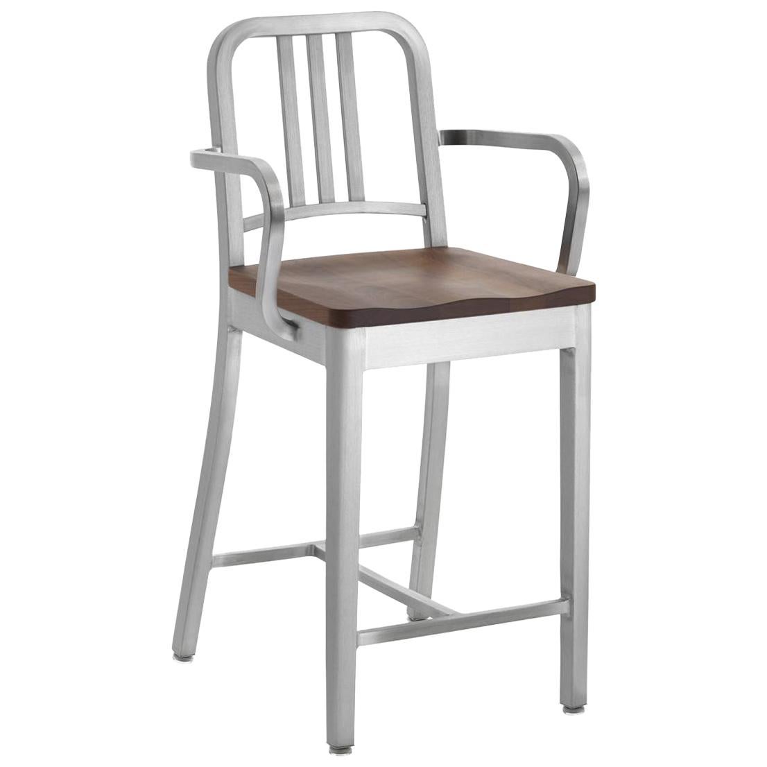 Emeco Navy Counter Stool with Arms in Brushed Aluminum and Walnut by Us Navy For Sale