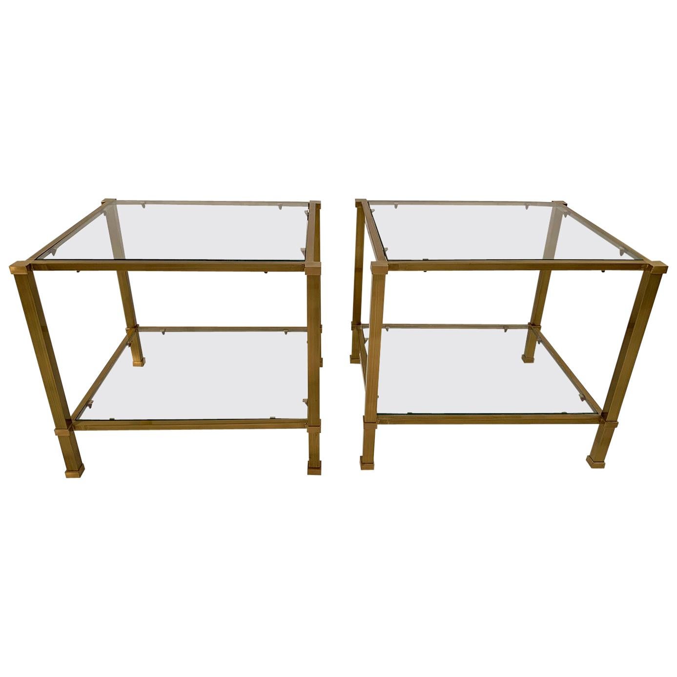Pair of Two-Tier Brass and Glass End Tables For Sale