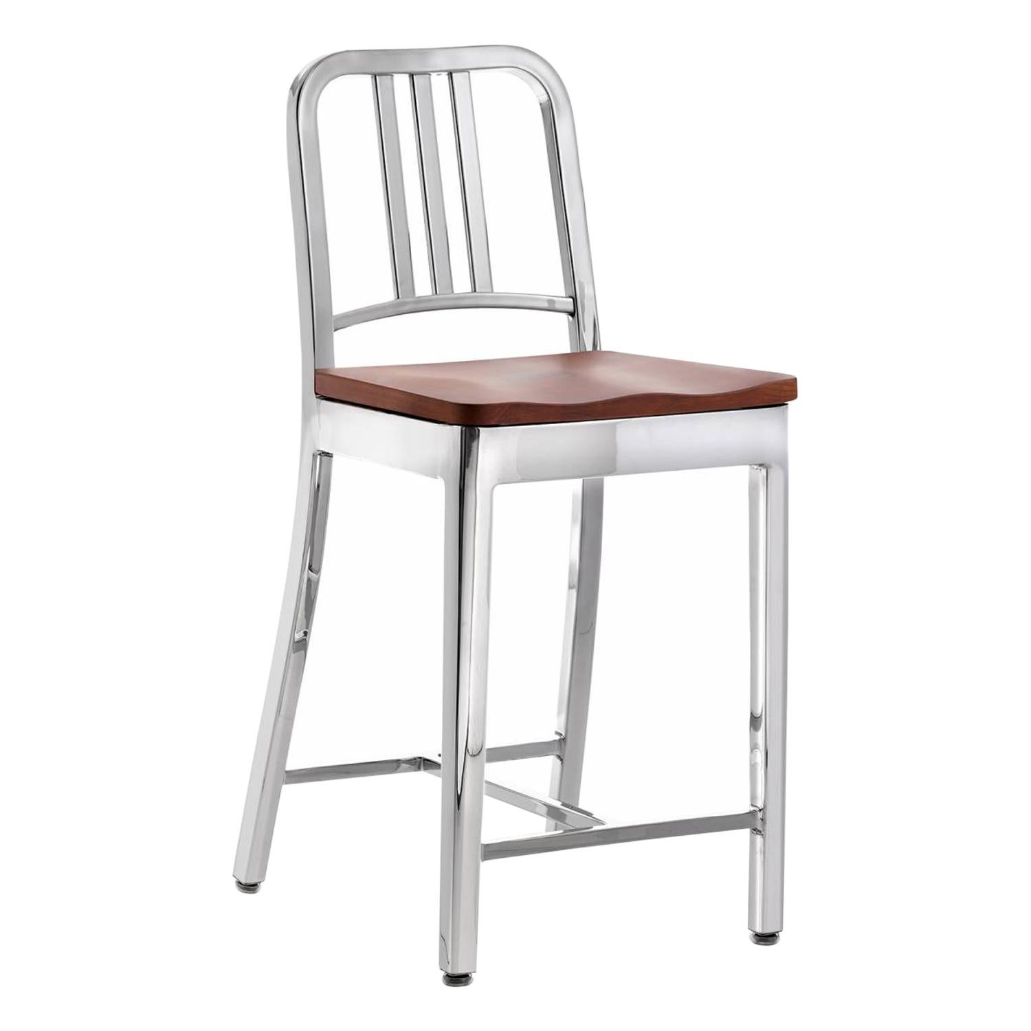 Emeco Navy Counter Stool in Polished Aluminum & Cherry by US Navy
