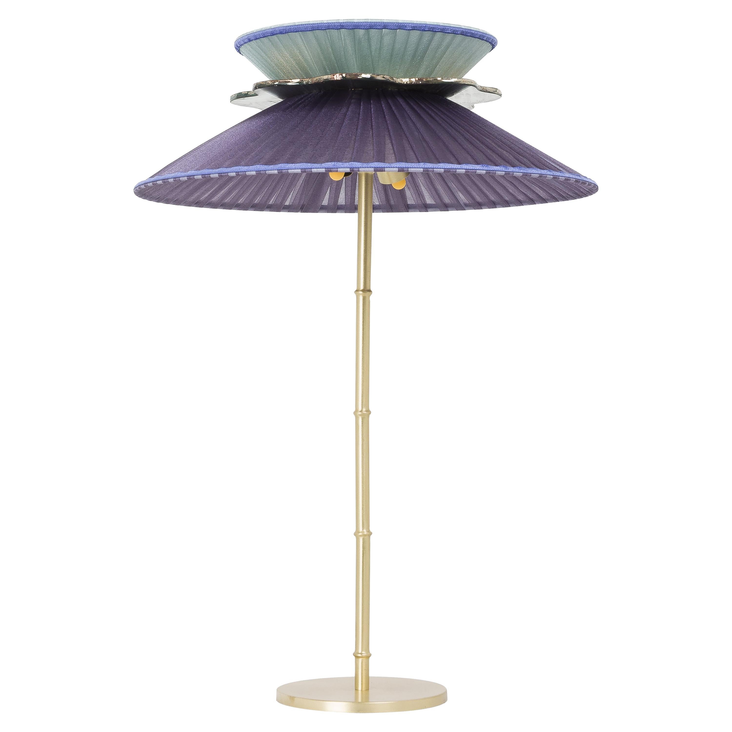 Daisy Table Lamp in Satin Brass Violet-Mint Silk Lampshade Silver Glass Necklace