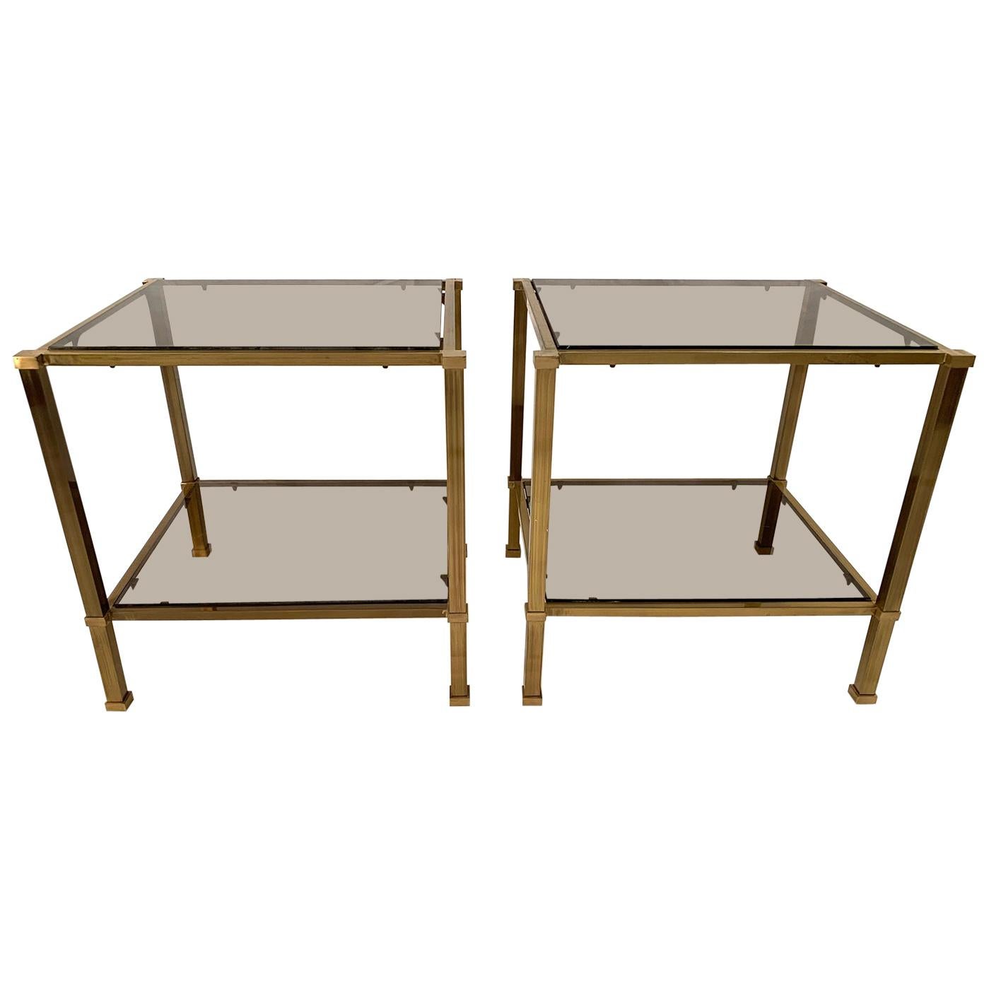 Pair of Two-Tier Brass and Smoked Glass End Tables For Sale