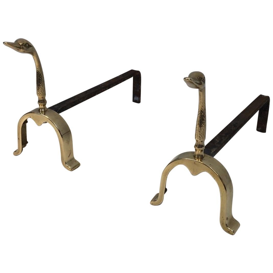 Pair of Neoclassical Andirons in Brass with Duck Heads, French, circa 1960