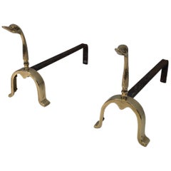 Pair of Neoclassical Andirons in Brass with Duck Heads, French, circa 1960