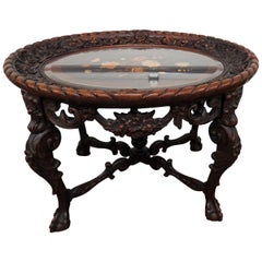 Victorian Style Carved Walnut Beveled Glass Tray Top Coffee Table