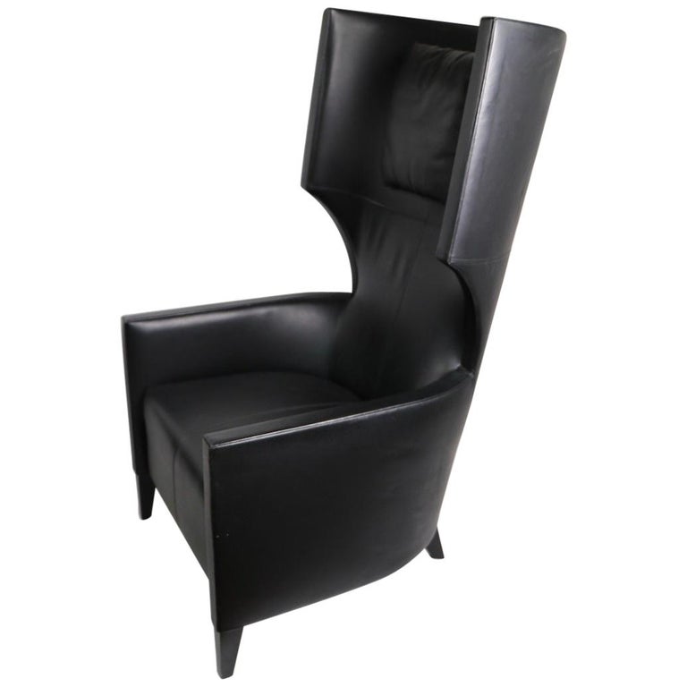 Stanley Friedman for Brueton Black Leather Wing Chair, 1990s