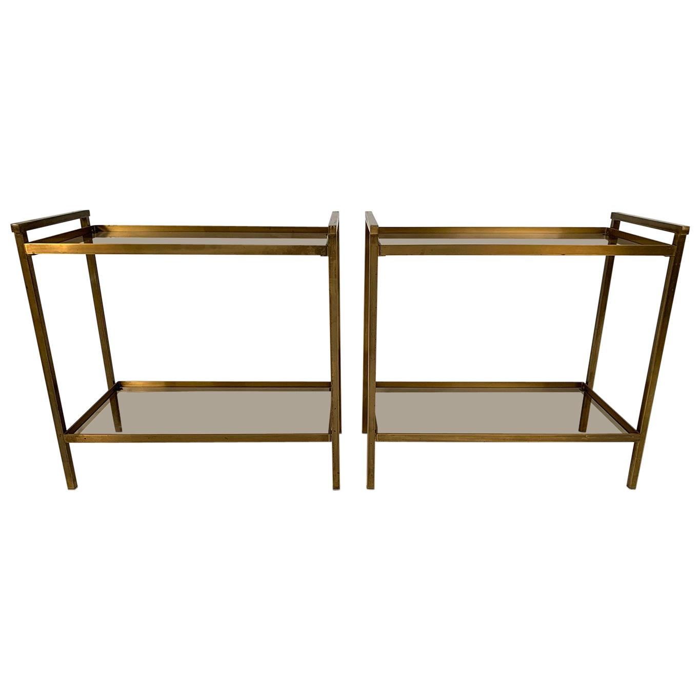 Pair of Two-Tier Rectangular Brass and Smoked Glass End Tables For Sale