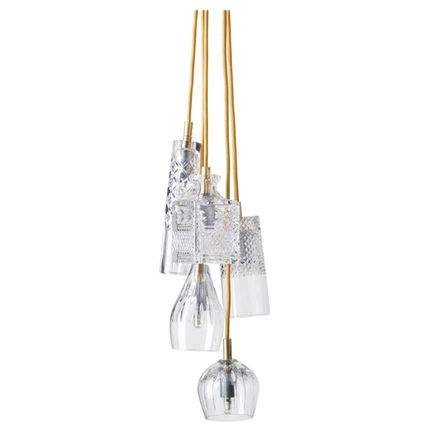 Five-Piece Set of Mouth Blown Etched Crystal Pendant Lamps, Gold
