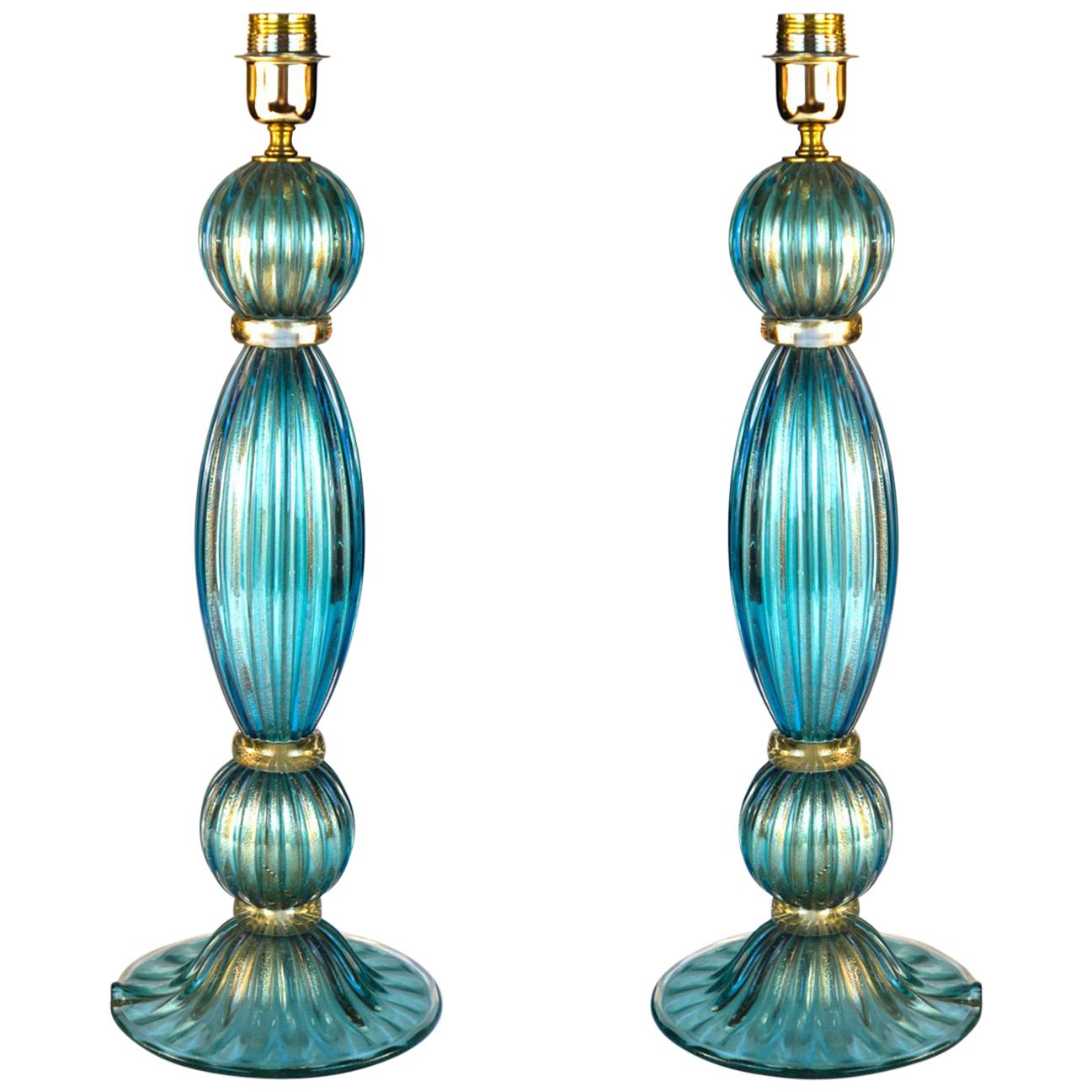 Toso Mid-Century Modern Pair of Aquamarine Murano Glass Table Lamps, 1980s