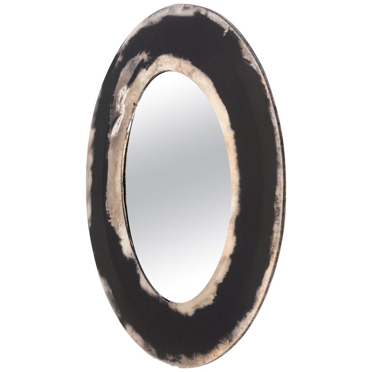 Life Mirror, Art Glass Silvered on Black Mirror, Birch Wood Handmade, Tuscany For Sale