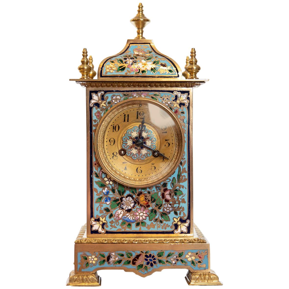 Champlevé Enamel Mantle Clock Made in Paris, France, circa 1875 For Sale