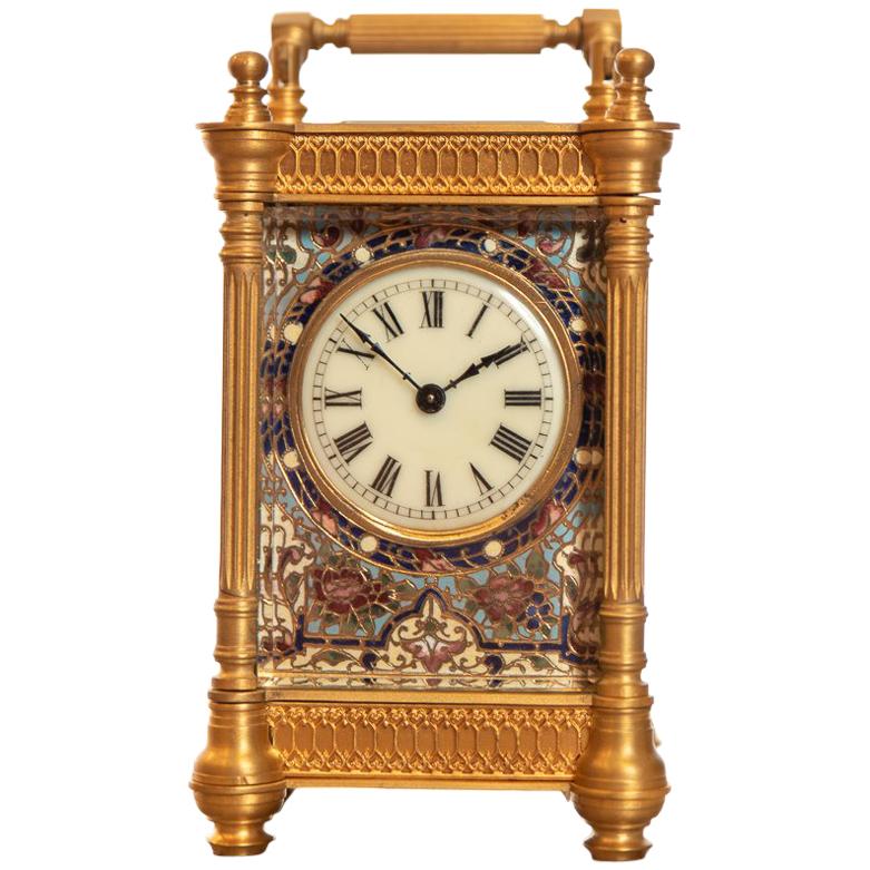 19th Century French Champlevé Enamel Brass Case Carriage Clock