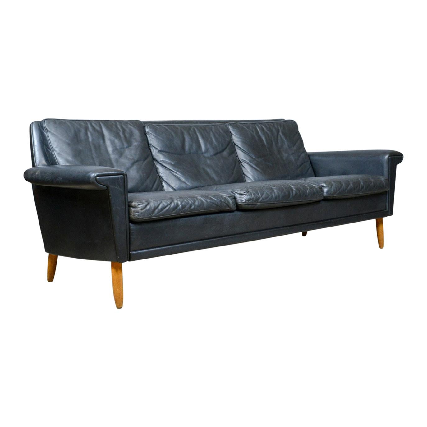 Vintage Mid-Century Modern Black Leather Sofa, Danish, Three-Seat, circa 1970