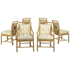 Set of Six McGuire Leather-Bound Rattan Dining Chairs with “Target” Back