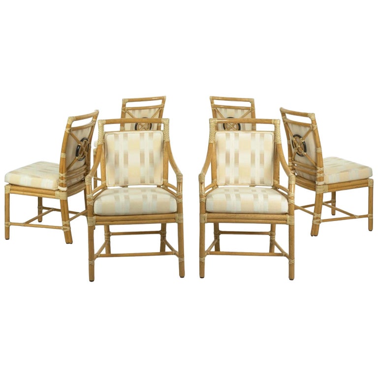 Set of Six McGuire LeatherBound Rattan Dining Chairs with “Target