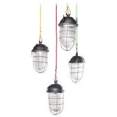 Vintage 1960s Industrial Caged Hanging Ceiling Pendant Lamps, Lights with Original Glass