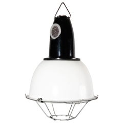 Vintage 1960s Industrial Enamel Caged Ceiling Pendant Lamps, Lights with Bakelite Tops