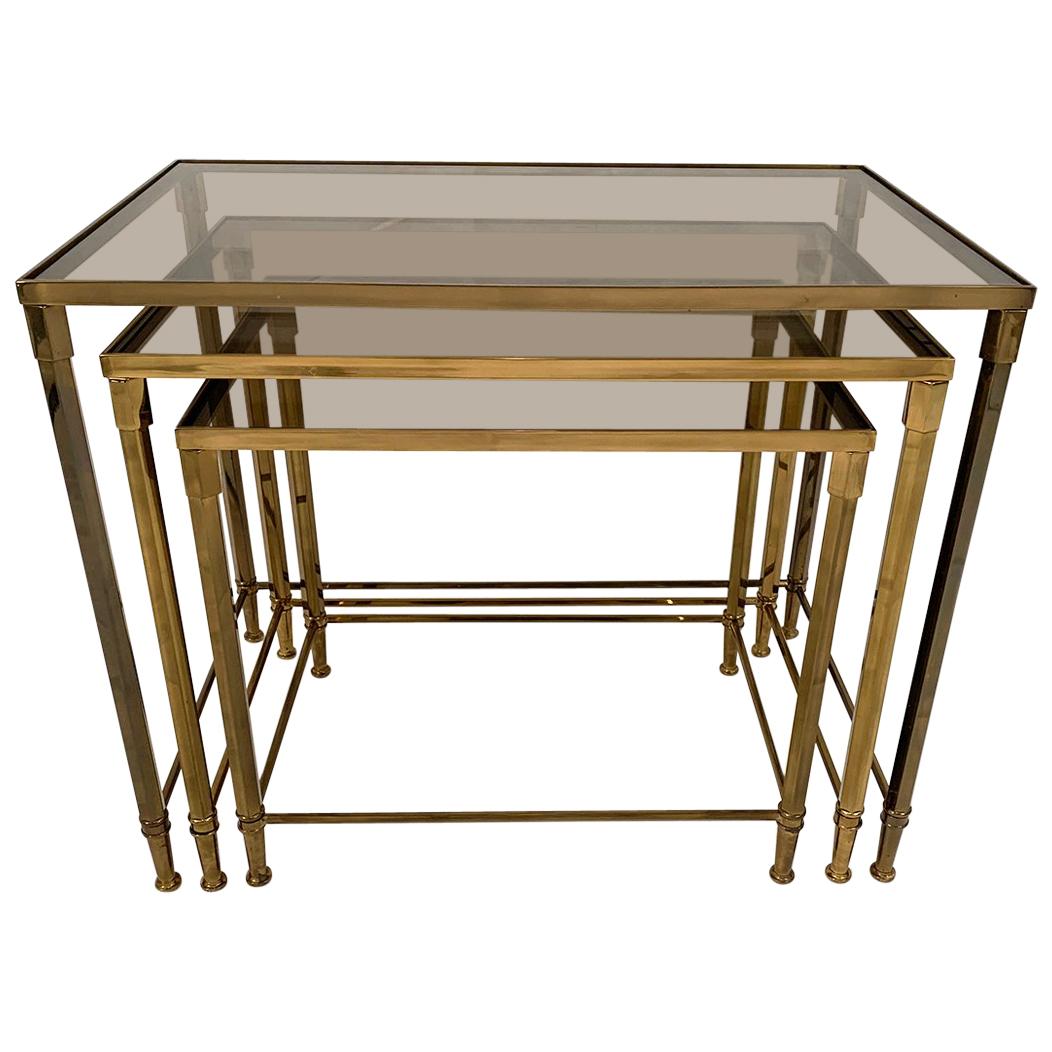 Brass and Smoked Glass Nesting Tables For Sale