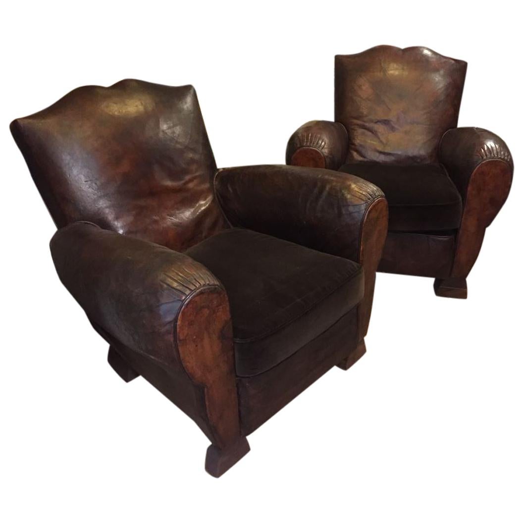 20th Century Italian Pair of Leather Armchairs with Velvet Cushions, 1950s