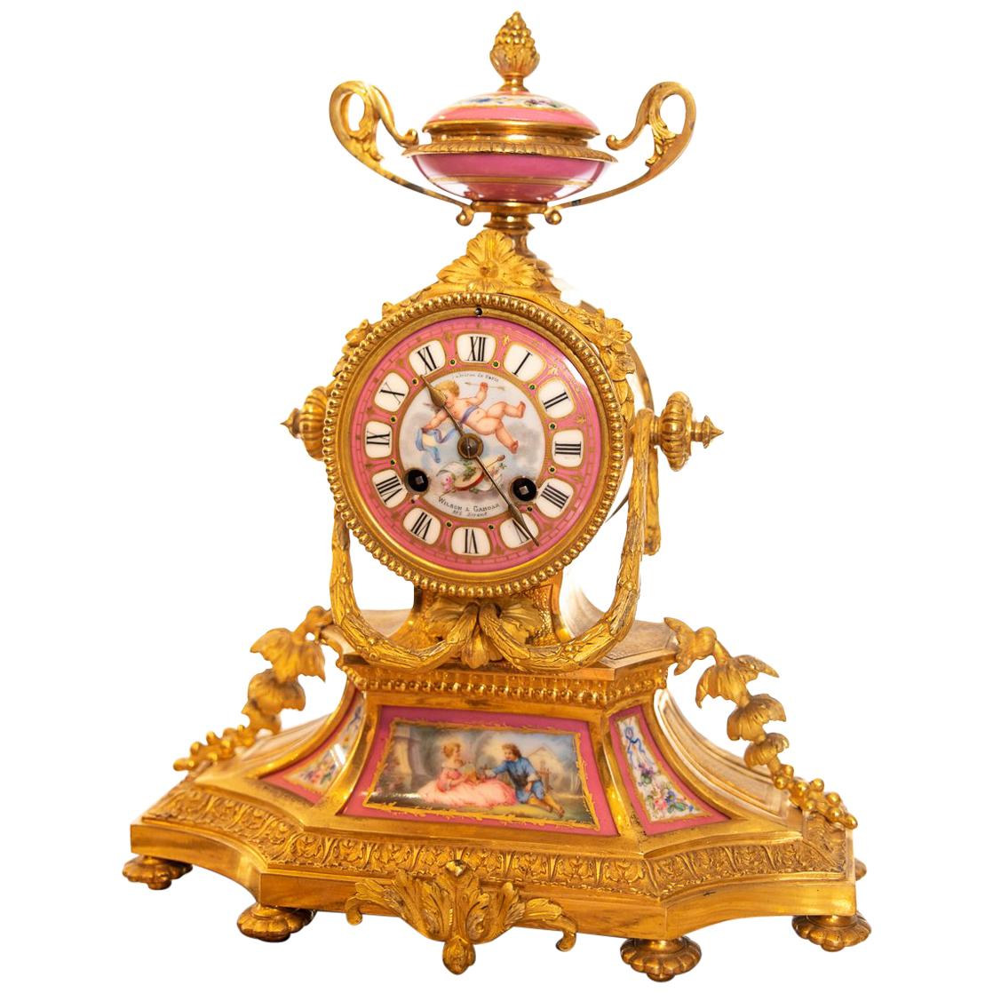 19th Century French Porcelain Panel and Ormolu Mantel Clock