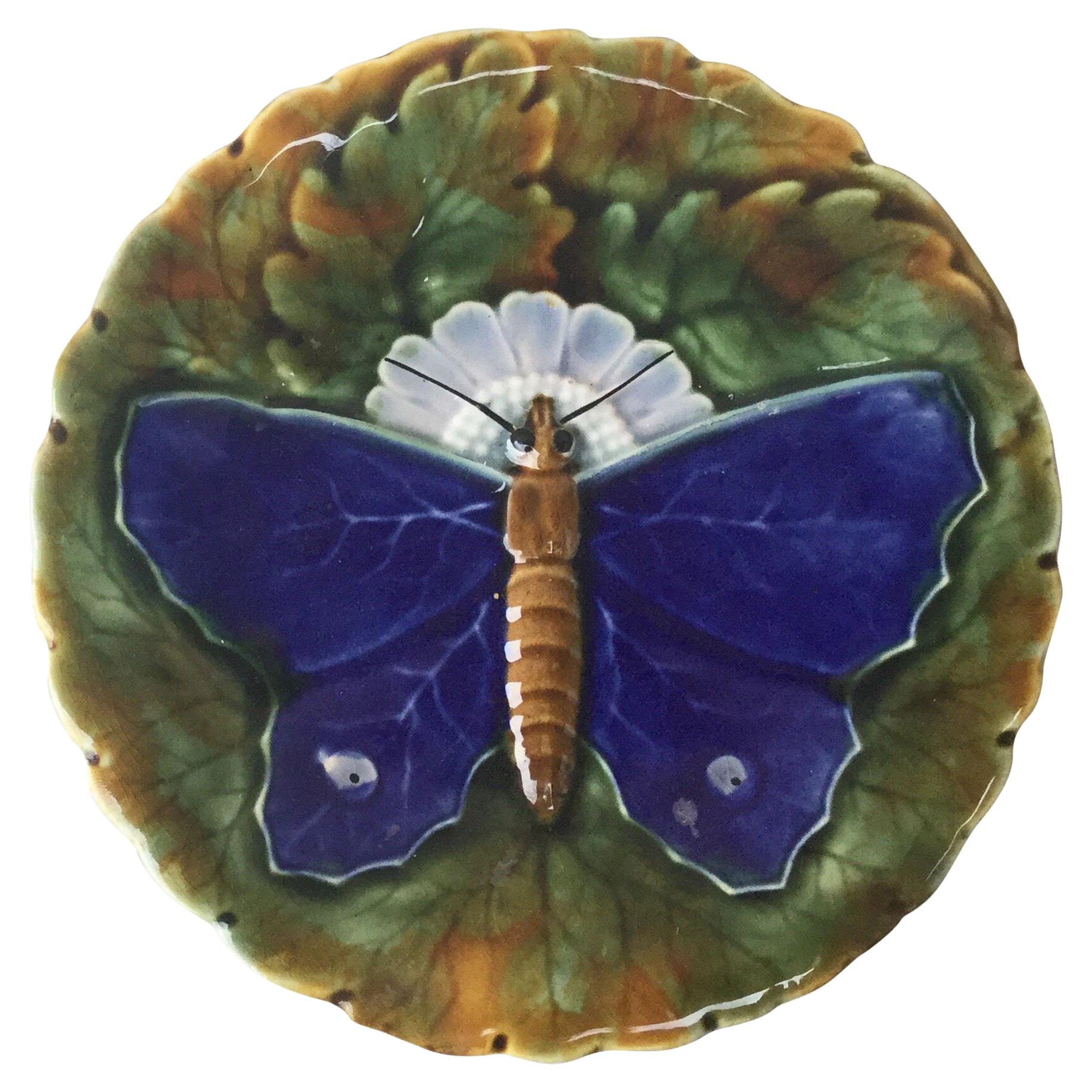 Majolica Blue Butterfly Plate Josef Steidl Znaim, circa 1890