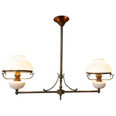 Used Large French Hanging Dining Table Double Oil Lamp