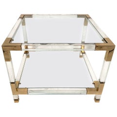Vintage Square End Table, Lucite and Brass, 1970