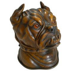 Finest Large Antique Tobacco Box in Fruitwood, English Bulldog, circa 1880