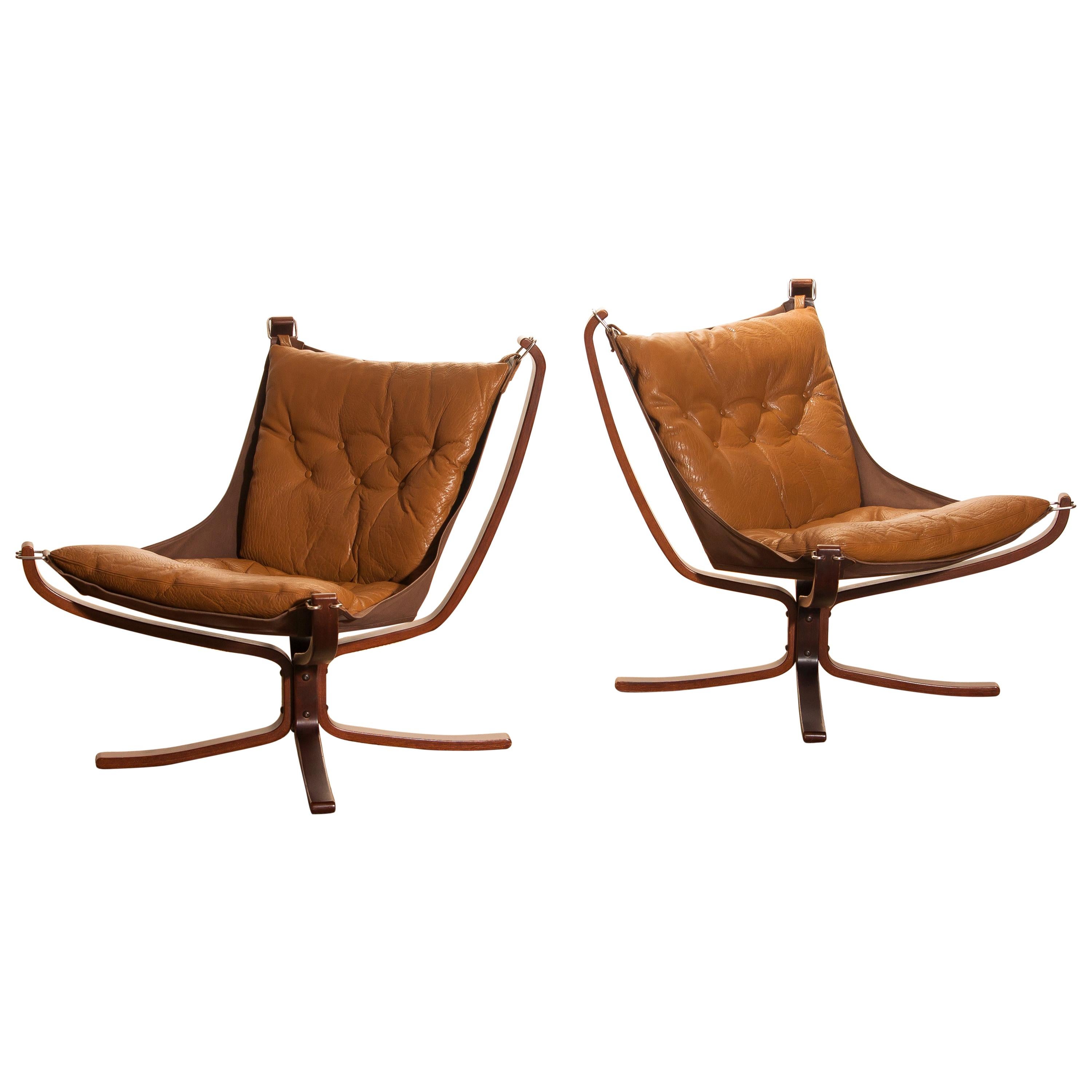 Set of Camel Leather 'Falcon' Lounge Chairs or Easy Chairs by Sigurd Ressell