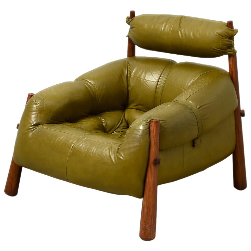 Percival Lafer Brazilian Lounge Chair Late 1950s Jacaranda Leather Olivegreen For Sale