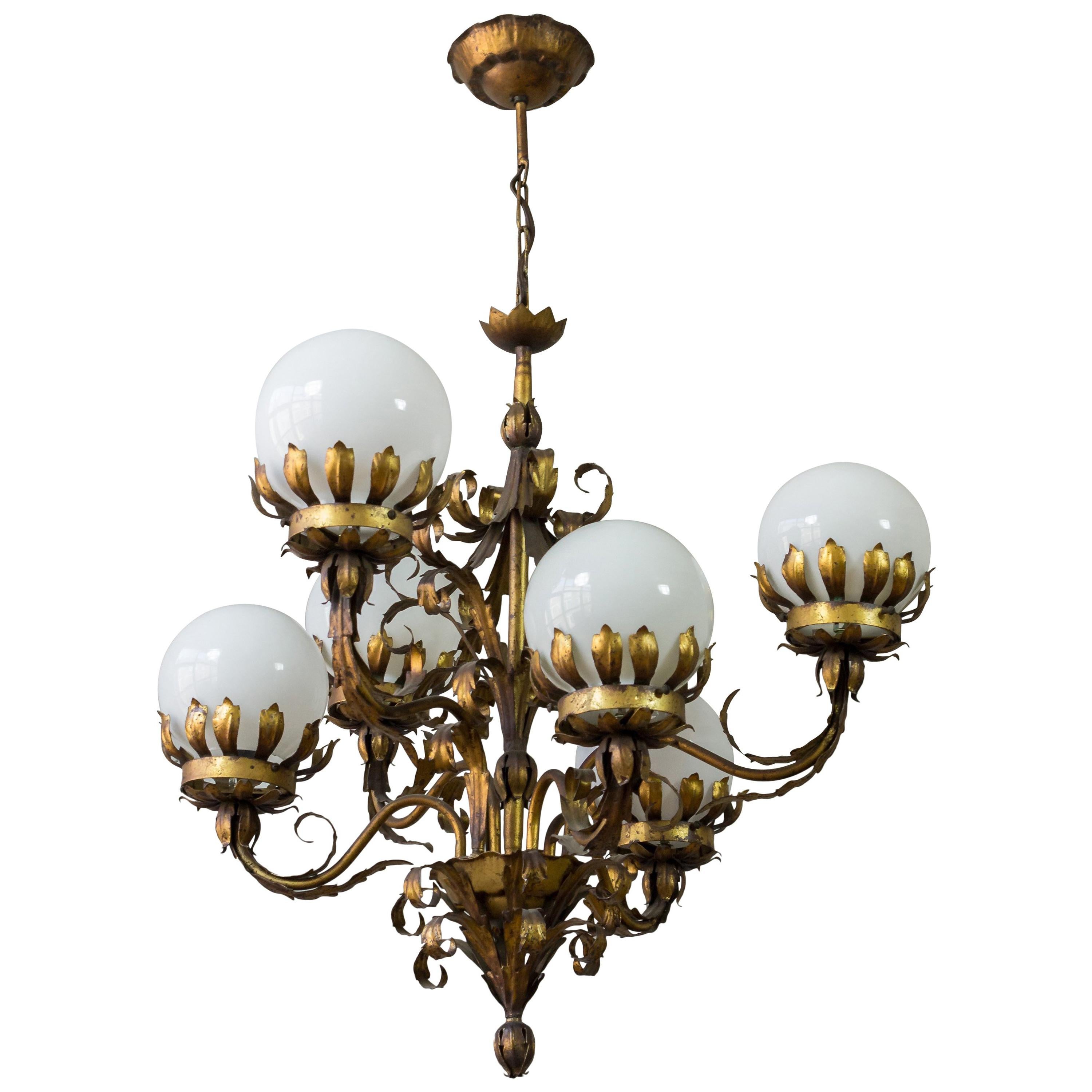 1940s Gilt Metal Chandelier with White Glass Globes