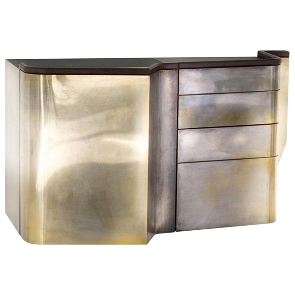 Silvered Brass Faced Console Sideboard with Marble, Leather and Wood Finishes