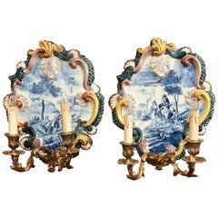 Pair of 19th Century French Louis XV Bronze and Painted Ceramic Wall Sconces