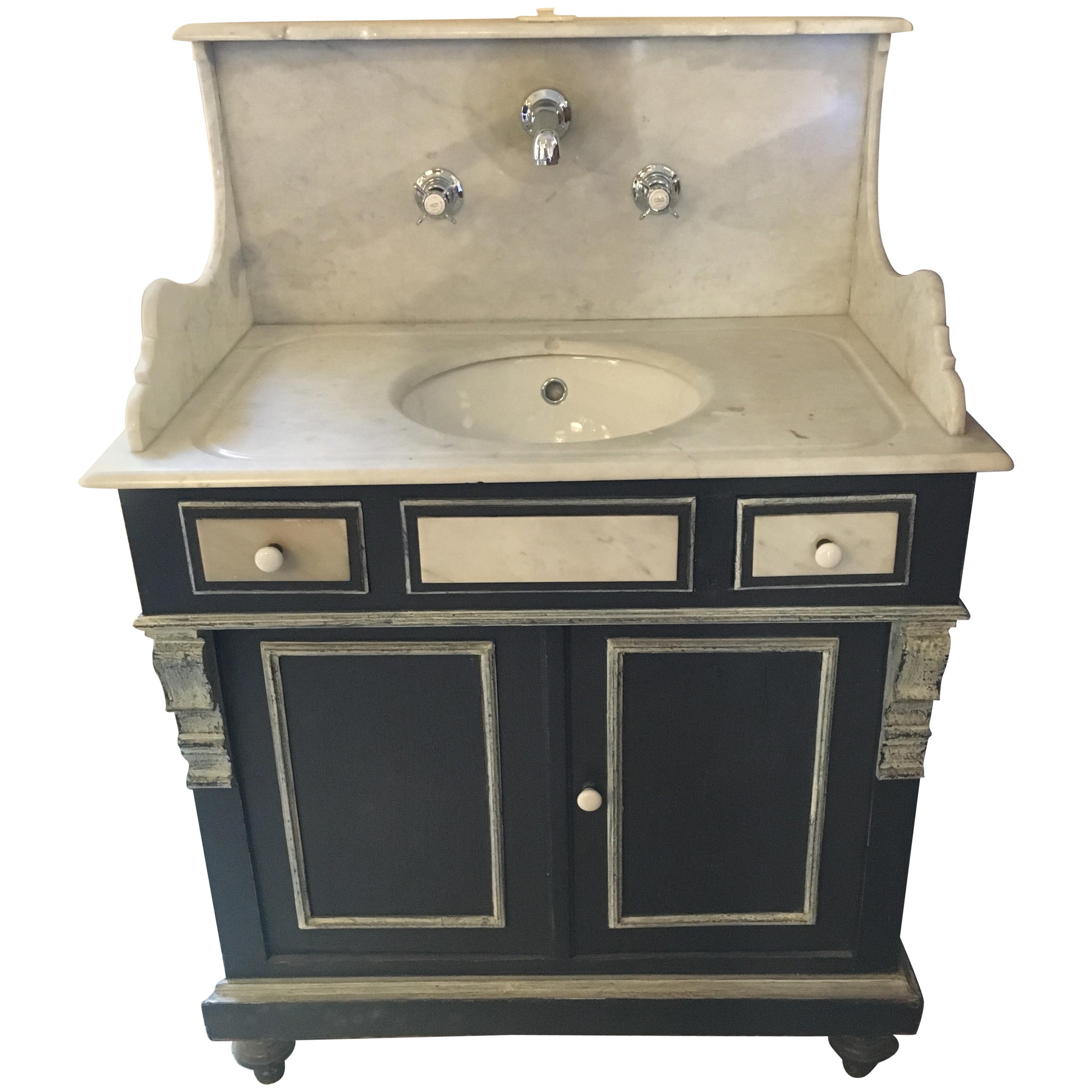 19th Century French Lacquered Wood Cupboard Sink with Carrara Marble Top, 1890s For Sale