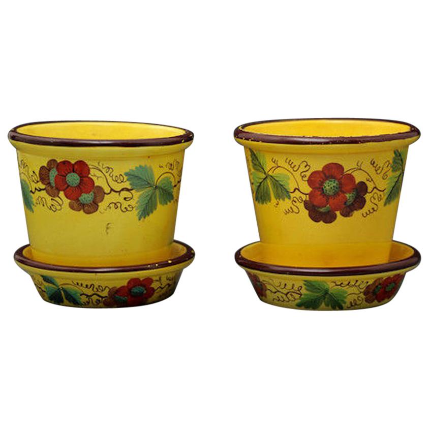 Pair of Antique English Canary Yellow Pottery Jardinieres with Stands British For Sale