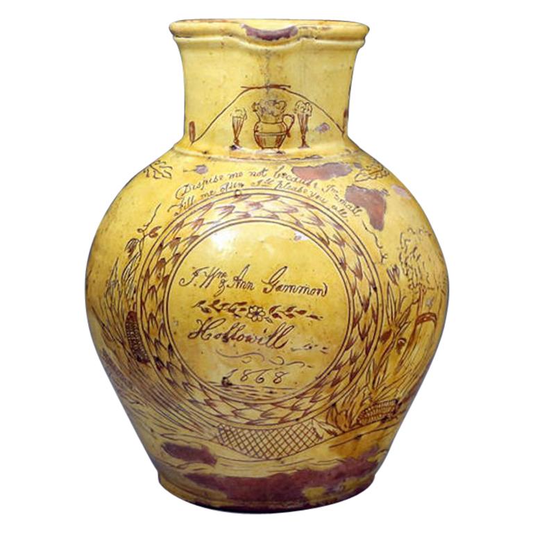 Antique Slipware Harvest Pitcher by Fishleys of Fremington Devon, England, 1868 For Sale