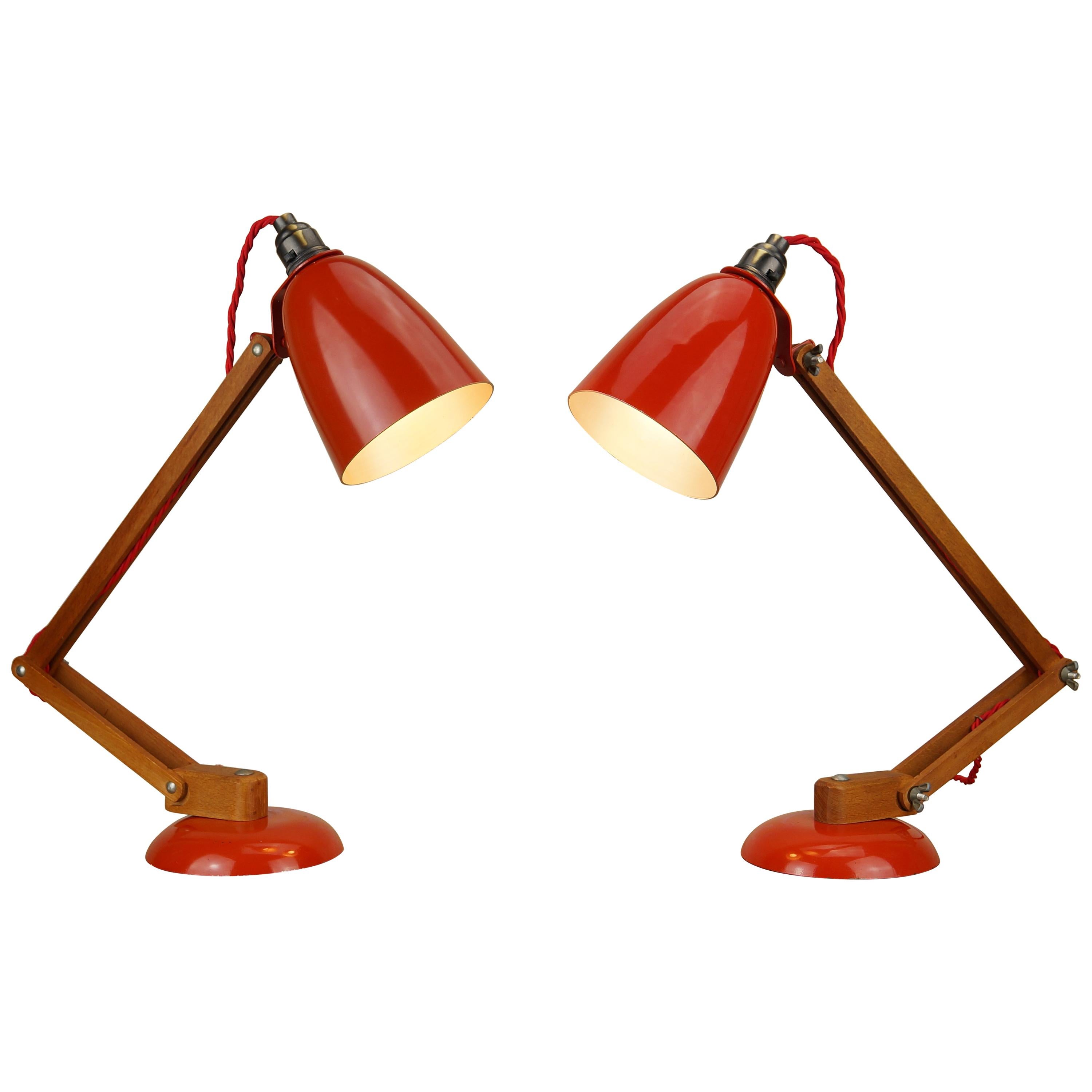 Pair Vintage Wood Orange Red Maclamp Table Desk Lamps, T. Conran, 50s Anglepoise
