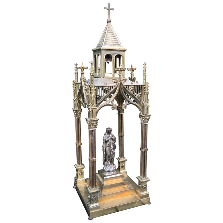 Rare Church Reliquary Architectural Model Chapel w. Silvered Holy Mary Sculpture