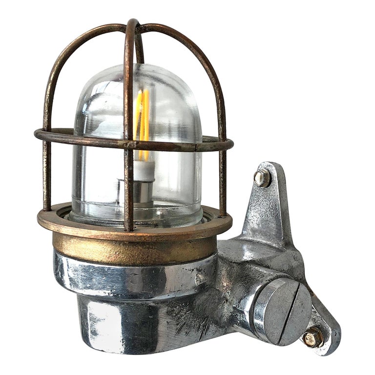 1970s Small Japanese Cast Aluminum 90 Degree Wall Light, Glass Dome and Cage