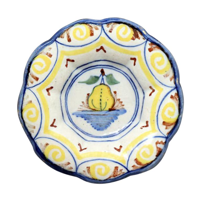 Antique Delftware Lobed Dish Polychrome Coloured with Image of a Pear circa 1700 For Sale